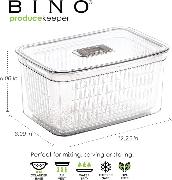 BINO | Produce Saver - 23.7 Cup/5.6L | Fridge Storage Containers for Fruits and Vegetables | Vegetable Storage with Adjustable Air Vent, Removable Basket | BPA-Free Fridge Organizers and Storage