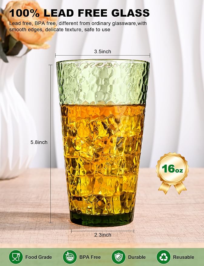 Amyoole Drinking Glasses Set of 8, 16oz Green Highball Water Glasses | Stackable Lead-Free, Clear Heavy Hammered Glass Cups,Kitchen Drinkware Glassware for Cocktail,Beer,Juice,Iced Tea,Margaritas
