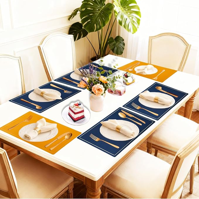 Faux Leather Placemats Set of 6, 11.8"x17.7", Blue & Yellow | Reversible Table Mats, Waterproof, Stain & Heat Resistant, Easy Clean for Dining, Gatherings, Outdoor