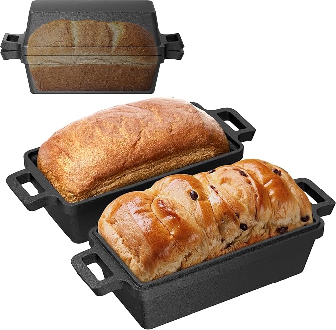9×5 Inch Cast Iron Loaf Pan with Lid, 2 Pack Bread Pans for Baking | Premium cast iron loaf pan & bread pan set evenly distributes heat for crisp bread crusts. Multi-cooker compatible