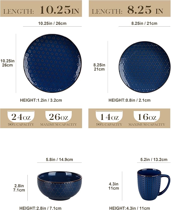 MALACASA 16 Pieces Dinnerware Sets, Farmhouse Plates and Bowls Sets, Embossed Blue Dish Set for 4, Vintage Relief Ceramic Dish Set with Mugs, Microwave and Dishwasher Safe, Series LYDIA