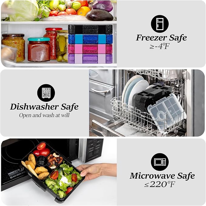 Bento Lunch Box, Bento Lunch Containers Boxes, Shiny Black | Dishwasher Safe Back to School Snack Bento Lunch Containers Boxes, Ideal Portion Sizes for On-the-Go Meal, Ages 3+, School