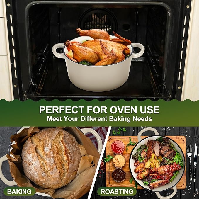 P&P CHEF 6QT Enameled Dutch Oven, Dutch Oven Pot for Bread Baking, Khaki | 6 Quart Enameled Cast Iron Casserole Pot with Lid, for Roasting Braising Stewing Frying Simmering, Work on Various Stoves