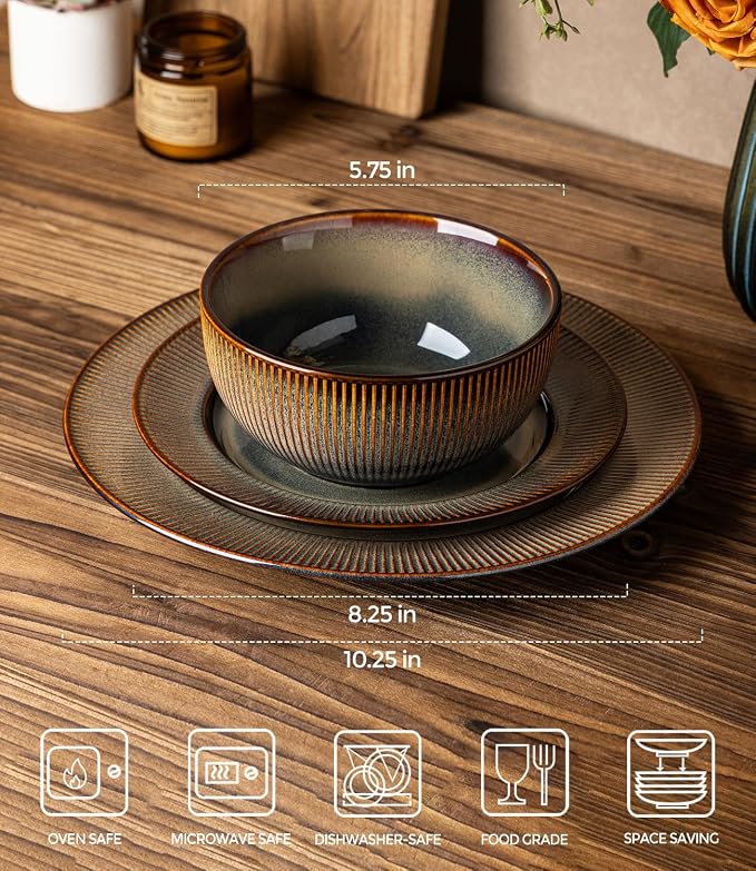 Ceramic Dinnerware Set for 4, 12-Piece Plates and Bowls Set | Lightweight Porcelain Dish Set, Scratch Resistant, Oven & Microwave & Dishwasher Safe, Cocoa Mocha