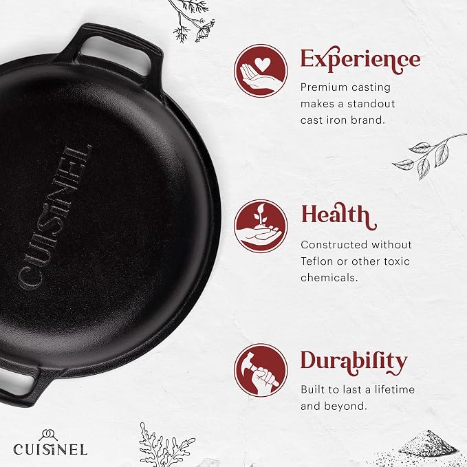 Cuisinel Cast Iron Dutch Oven 7-Qt Pre-Seasoned 2-in-1 Multi-Cooker with Lid that Doubles as a 12" Skillet, Silicone Handle Covers & Pan Scraper for Baking, Frying, Camping & Everyday Cooking