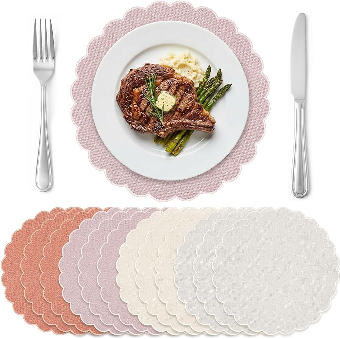 Set of 12 Neutral Cotton Placemats 15" Round Scalloped | Double Layered Cotton Fabric, Washable Embroidery, Classic Edge, Rustic Table Mats for Wedding Dining Table Decor