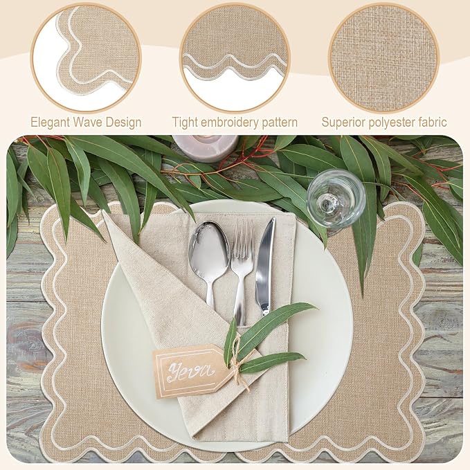 Linen Placemats Set of 12 Scalloped Placemat 13 X19 Wavy Embroidery Double Layered Washable Farmhouse Dinner Fabric Table Mat Napkin for Wedding Party Restaurant(Regular,Linen Color)