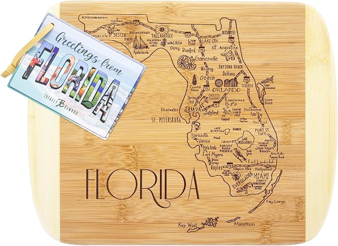 Totally Bamboo A Slice of Life Florida Engraved Map Cutting Board | 11” x 8.75” charcuterie board with engraved state map artwork. Smooth reverse side for food prep. Hang tie for wall display.