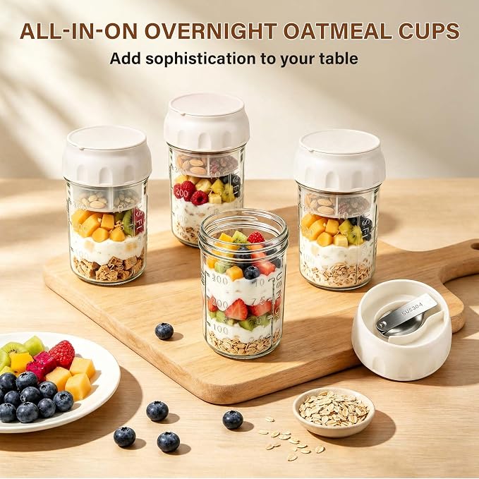 4 Pack Overnight Oats Containers with Lids & Foldable Spoon, 16oz Glass Oatmeal Jars with Divided Storage Tray, Portable Leakproof Yogurt Parfait Cups for Breakfast Meal Prep