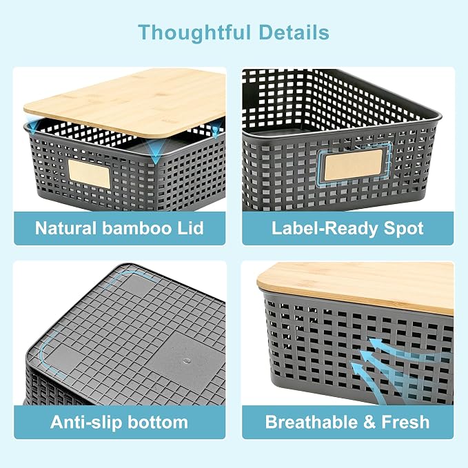 4 Pack Plastic Storage Bins with Bamboo Lids, 6.2qt Stackable Storage Organizer Box with Lable for Pantry Shelves Drawers Desktop Office, 12"L x 8.3"W x 3.5"H, Gray