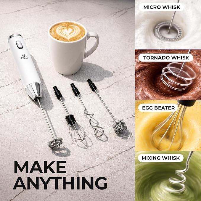 Zulay Kitchen Rechargeable Milk Frother Handheld - Frother Wand, Drink Mixer, Electric Whisk Frother, for Cappuccinos, Matcha & Protein Powder - Ultra Metal 4 Whisk, 1800mAh White