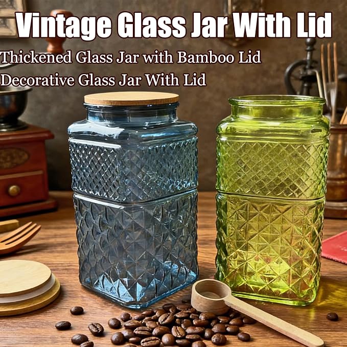 Coriario 1 Gallon Vintage Glass Jar with Lid Wood Spoon Green Square Decorative Glass Storage Jars Wide Mouth Canisters for Food Candy Flour Sugar Cookie Coffee Nuts