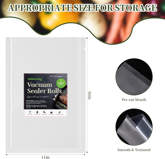 Vacuum Sealer Bags, 11" x 16", 100 Pcs | Commercial Grade, BPA Free, Sous Vide Cooking, Puncture Prevention, Customized Size, Kitchen Essentials