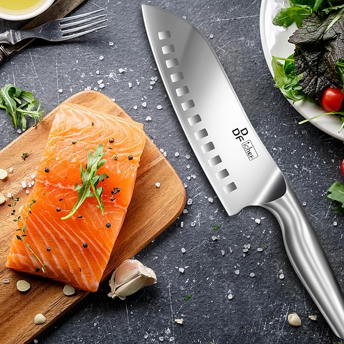 Chef Knife 7 Inch, High-Carbon Stainless Steel Santoku, Dishwasher Safe | Japanese Kitchen Knife with Ergonomic Hollow Handle, Ultra Sharp Santoku Knife for Chopping, Silver