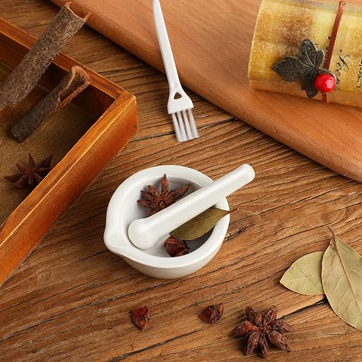 2 Sets Mini Porcelain Mortar and Pestle Set Porcelain Herb Grinder Crusher Grinding Bowl Kitchen Mixing Grinding Bowl with 2 Pieces Brushes for Seasonings, Sesame, Herbs, Medicine(60 mm)