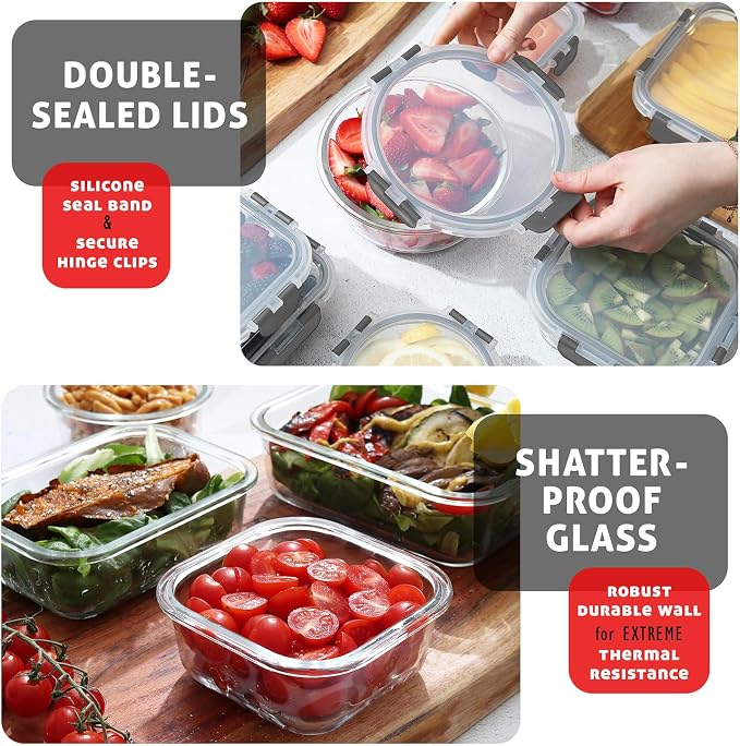 Nestl 24pc Glass Storage Containers with Lids, 12 Glass Food Storage Containers with 12 Airtight Lids for Pantry & Kitchen, Meal Prep Containers for Lunch, Oven Microwave & Dishwasher Safe, Cream