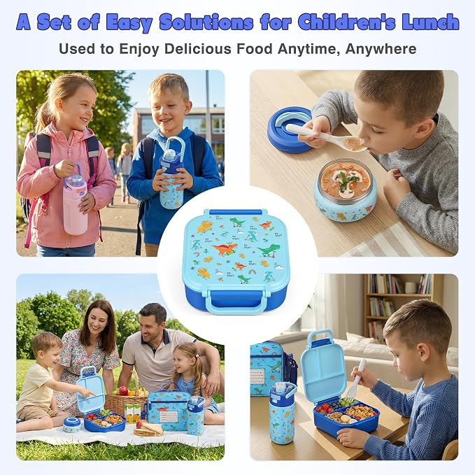 Bento Lunch Box for Kids with 7oz Soup Thermo,Insulated Stainless Steel Kids Water Bottle with Straw and Insulated Lunch Bag,Leak-Proof Lunch Food Container with Ice Pack for School(Blue-Dinosaur)