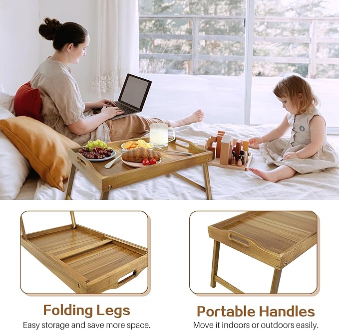Utoplike Large Acacia Bed Tray Table for Eating, Breakfast Trays with Legs | Foldable Legs, Wood Serving Trays for Food, Snack, Laptop Working, Reading, Raised Edges, Large Size