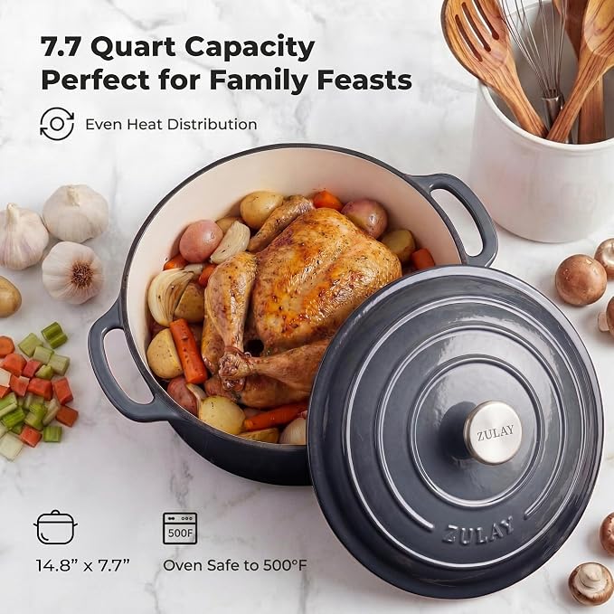 Zulay Kitchen 7.7 Quart Enameled Cast Iron Dutch Oven Pot with Lid – Premium Durability & Oven Safe up to 500°F – Heavy Duty Cookware Perfect for Bread Baking, Stews, Braising & Roasting – Gray