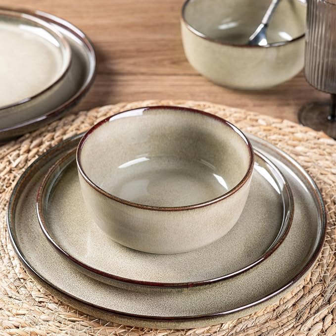 GBHOME Dinnerware Sets for 4, 12 Pieces Ceramic Plates and Bowls Set | Scratch Resistant Stoneware Dishes Set, Dishwasher & Microwave Safe, Reactive Glaze-Oatmeal
