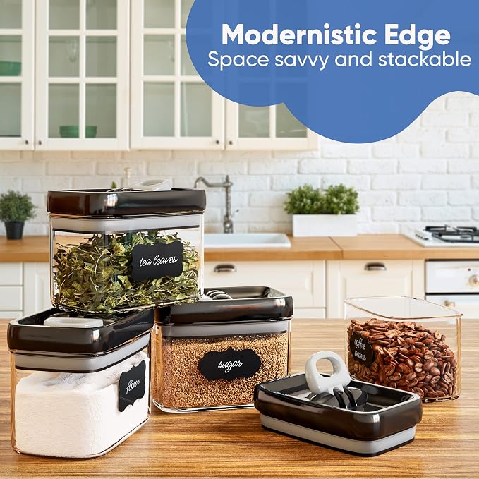 Chef's Path Airtight Food Storage Containers with Improved Lids, Set of 6, 1L Kitchen and Pantry Canisters for Coffee, Spices, and Dry Food, Includes Labels and Marker - Transparent, All Same Size