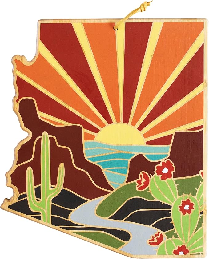 Totally Bamboo Arizona State Shaped Cutting Board, Summer Stokes Art | State charcuterie board with colorful hand-drawn landscape art. Smooth reverse side for food prep. Hang tie for wall display.