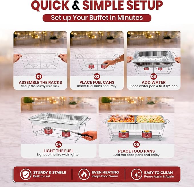 Disposable Chafing Dish Buffet Set, 33 Piece of Chafing Servers with Food Warmers, Covers, Full-Size Food Pans, Water Trays, Serving Utensils, Foil Lids and 2.5Hr Fuel Cans for Parties, Catering
