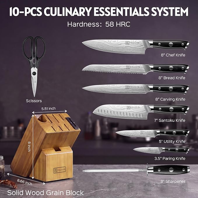 PAUDIN Knife Block Set with Built-in Sharpener, 10 PCS Dishwasher Safe German 1.4116 Steel Kitchen Knives Set, Razor Sharp Full Tang Chef Knife Set,Ergonomic G10 Handle,Gift for Women,Men,Housewarming