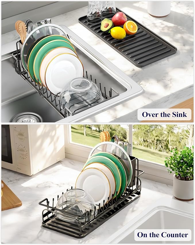 Kitsure Expandable Dish Rack for Kitchen Counter, Medium, Black | Over Sink Or In Sink Dish Drying Rack, Dish Drainer with Cutlery Holder & Drip Tray, 14.0"-20.9"L x 6.3"W x 8.0"H