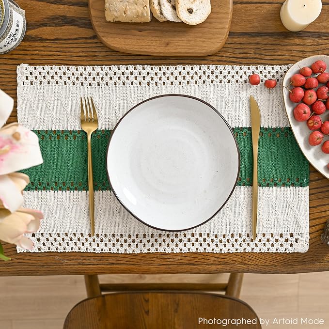 Artoid Mode Dark Green Farmhouse Rustic Placemats Set of 4,12x18 Inch Seasonal Holiday Hollow Table Mats Party Kitchen Dining Decoration