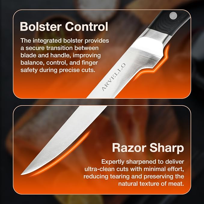 Arvello Boning Knife - 7-Inch Professional Deboning & Meat Trimming Knife for Home Cooking, Culinary Use - Full Tang High Carbon German Steel Blade, 58 HRC Ultra-Sharp Edge, Dishwasher-Safe G10 Handle