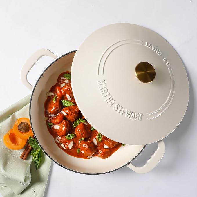 Martha Stewart Gatwick 3.5-Quart Enameled Cast Iron Dutch Oven Braiser – Linen with Gold Knob – Durable Heavy-Duty Braising Pot for Slow Cooking and Searing