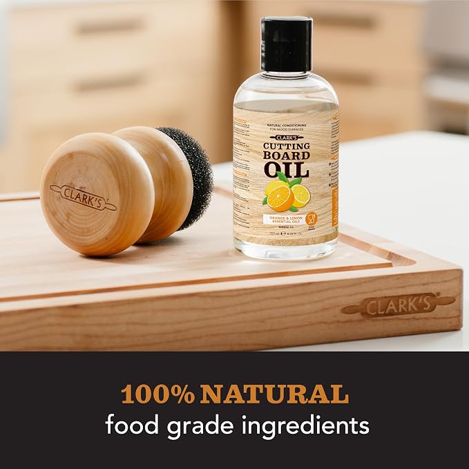 CLARK's Cutting Board Oil 8 oz, Food Grade Mineral Oil with Citrus Scent | Mineral Oil for Wood Cutting Boards, Butcher Blocks, Utensils, Lubricant for Knives. Soak for 3 Hours & Reapply Every 4 Weeks