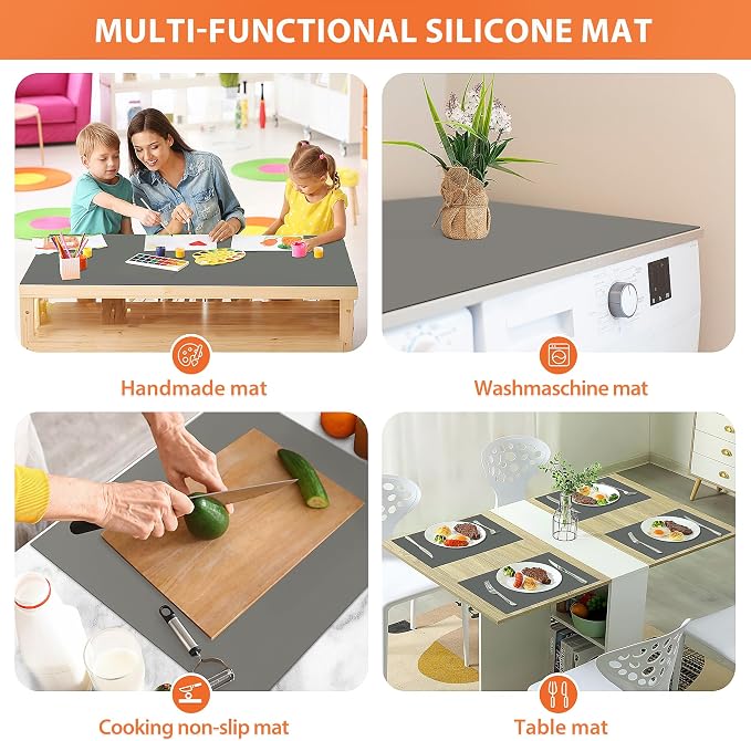 Silicone Mat Roll, Heat Resistant Kitchen Countertop Protector | 17IN X 5FT, Grey | Non-Slip Table Mat Desk Saver Pad, Multi-functional Cuttable Silicone Mats, Craft Mat