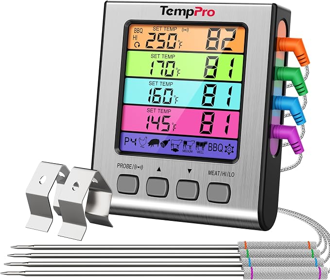 TempPro TempTrack Digital Meat Thermometer with 4 Temperature Probes | HI/Low Alarm Smoker Food Thermometer with Colored Backlit LCD, BBQ Thermometer for Cooking Grill Kitchen Oven