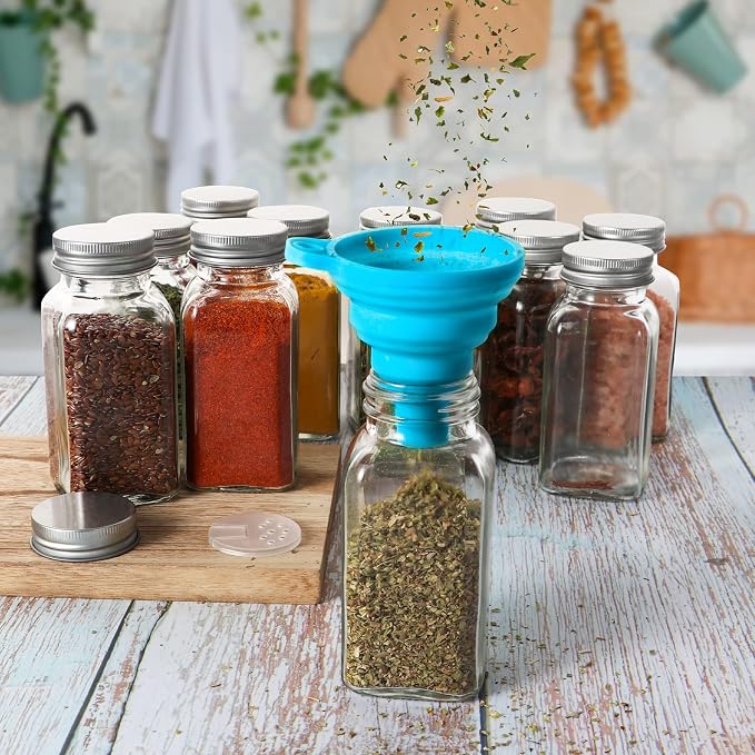 16 Pack 6oz Glass Spice Jars with Shaker Lids,Empty Square Spice Containers | 180ml Seasoning Bottles with 80 Black Labels for Kitchen Storage(Chalk Marker,Funnel and Brush include)