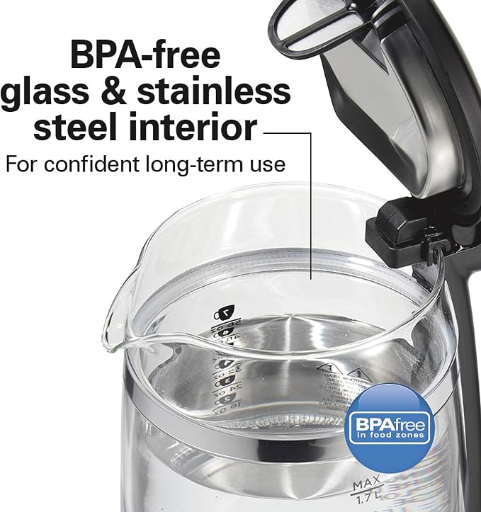 Hamilton Beach Double Wall 1.7L Electric Tea Kettle, Water Boiler & Heater | Fast Boiling 1500 Watts | BPA Free | Cordless Serving | Auto-Shutoff & Boil-Dry Protection | Color Change LED | Clear Glass