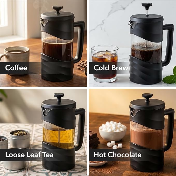 OVENTE 20oz French Press Coffee Maker with 4-Level Filtration, Black FPW20B | Heat-Resistant Borosilicate Glass Cafetiere, Dishwasher Safe Stainless Steel Filter, Compact Cold Brew for Travel and Camping