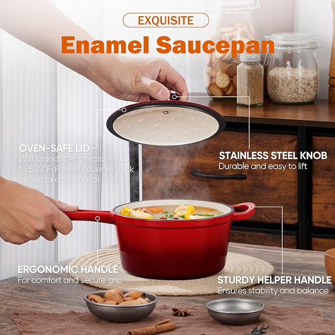 Homikit 1 QT & 2 QT Saucepan Set, Enameled Cast Iron Saucepan with Lid for All Cooktops, Small Pot Mini Dutch Oven for Kitchen Cooking, Boiling, Nonstick & Heavy Duty, Red