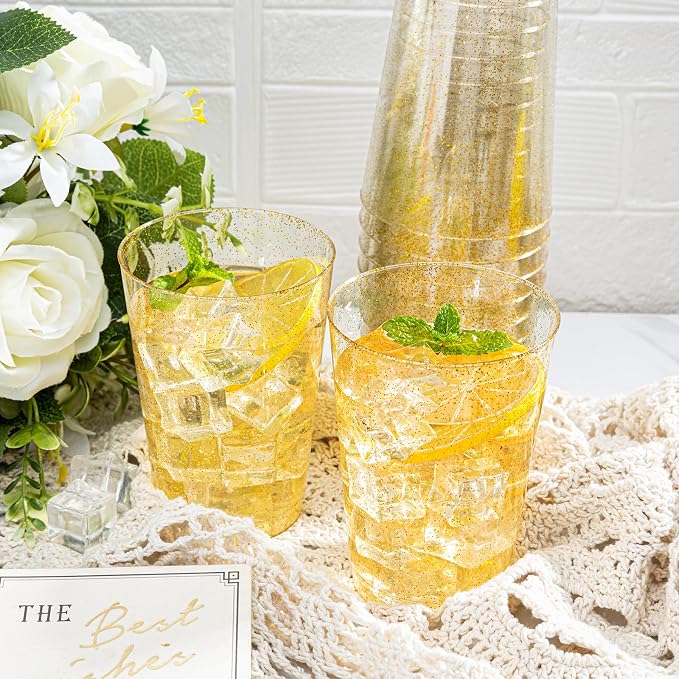 I00000 50 Pack 12 oz Gold Glitter Plastic Cups, Clear Disposable Cups, Disposable Plastic Wine Glasses Cocktail Glasses Premium Cups, 12 Ounce Glitter Tumblers for Party & Wedding