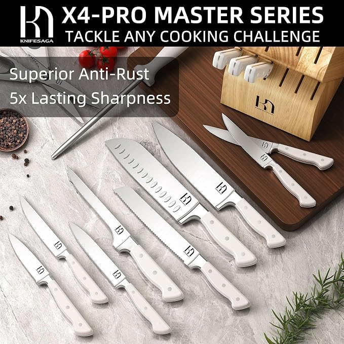 KnifeSaga Japanese Knife Set with Sharpener, Premuim, Razor Sharp, 15 Pcs | Innovative Steel, High Carbon Stainless, Enduring Sharpness, Ergonomic Handle, Quality Acacia Wood Block, Full-tang, Gift Box
