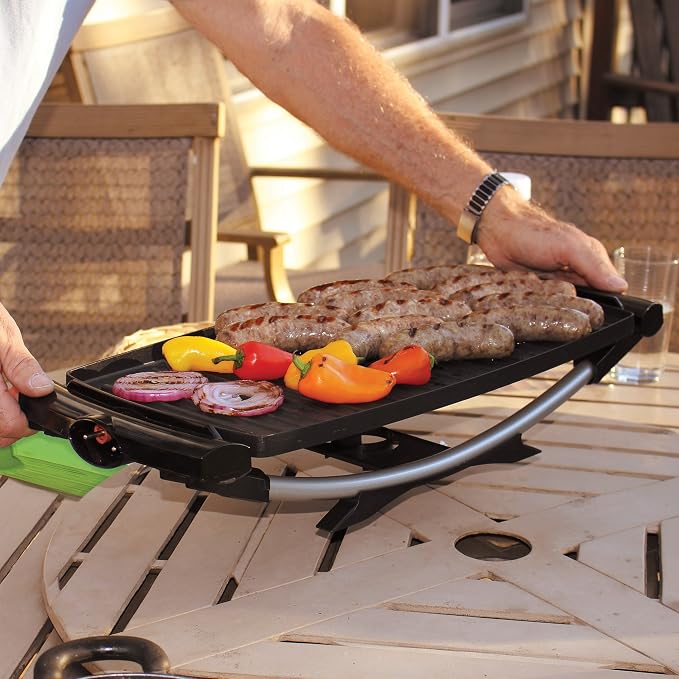George Foreman Indoor/Outdoor Electric Grill with Stand | Indoor or outdoor electric grill with nonstick surface, 5 heat settings and fat-removing drip tray for healthier grilling.