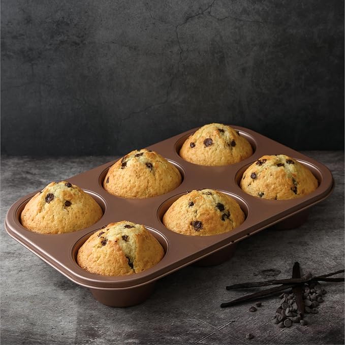 6 Cup Jumbo Muffin Pan Nonstick, PFOA & BPA Free | | Non-Toxic - High Carbon Steel - Gold - Large Cupcake Tin for Oven Baking