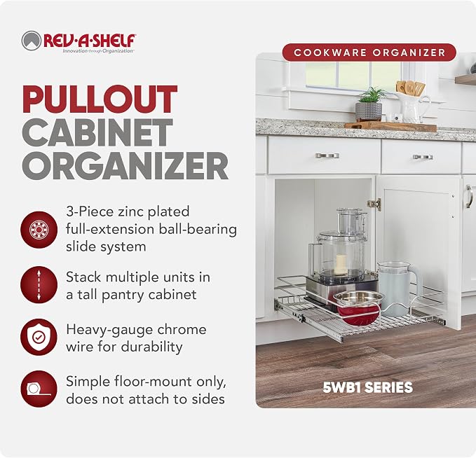 Rev-A-Shelf Steel Wire Pullout Drawer Organizer Shelf for Kitchen Cabinets, Slide Out Storage Basket, Min Opening Width of 17.5", 18" x 22", 5WB1-1822CR-1