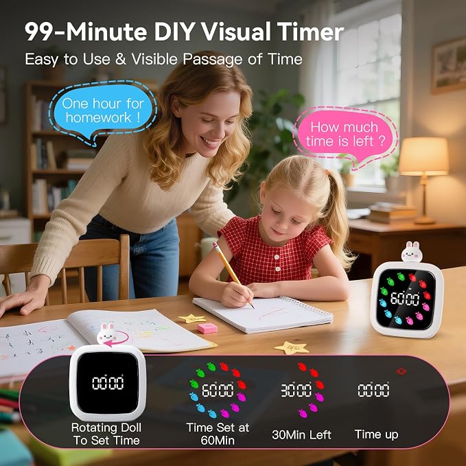 Digital Visual Timer for Kids, 99-Minute Countdown, Rechargeable | 19 Music Alarm, Pause Function, 9 Optional DIY Color Carrot Display, Rabbit Doll, for Study, Homeschool, Kitchen
