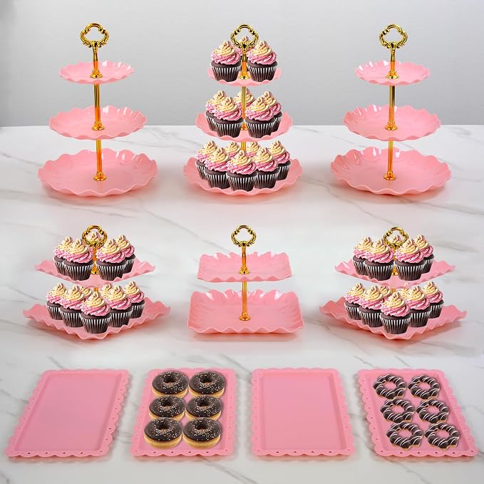 Pack of 11 NWK Cake Stand Set of Cupcake Stand, Tray & Table Cloth (Pink) | Includes 3 x 2-Tier & 3 x 3-Tier Cupcake Stands, 4 Appetizer Trays, Plus 1 Tablecloth. Ideal for Parties, Pink Design