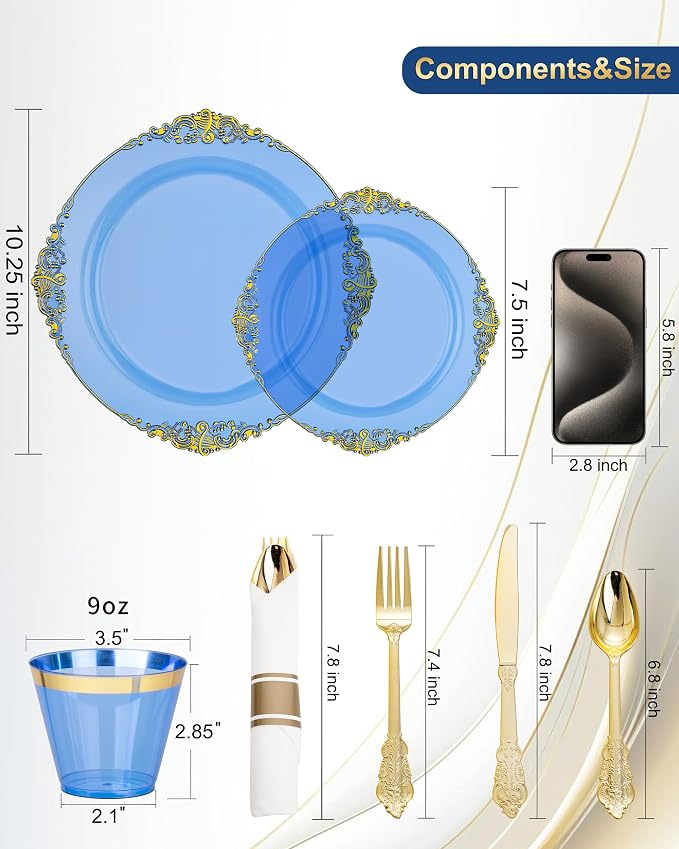 Nervure 175Pcs Blue Plastic Plates, Disposable Party Plates for 25 Guests | 25 7.5" Dessert & 25 10.25" Dinner Plastic Plates, 75 Gold Cutlery, 25 9oz Cups, 25 Napkin for Wedding & Party, Heavy-duty