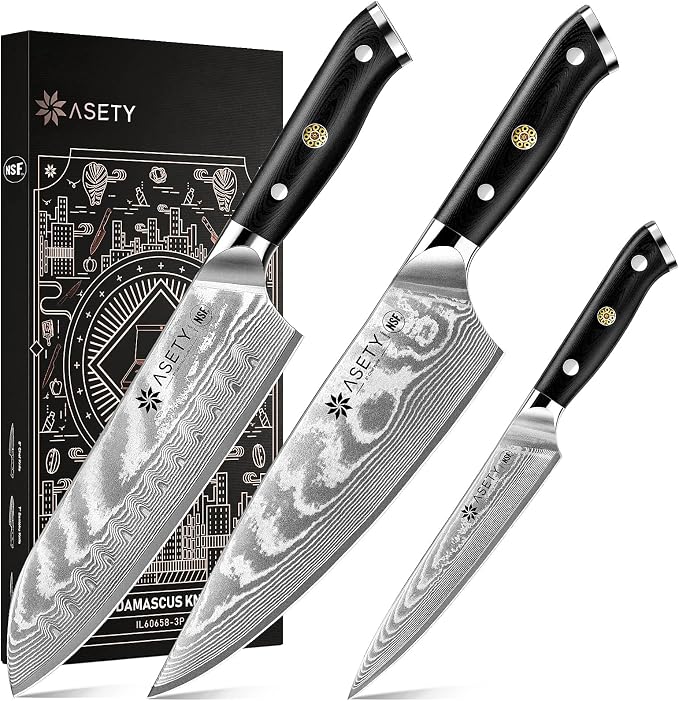 ASETY Damascus Knife Set 3 PCS, Japanese Kitchen Knives with G10 Handle | Ultra-Sharp Professional Chef Knife Set, 67-Layer Damascus Knife with VG10 Steel Core, Full Tang, NSF Food-Safe, Gift Box