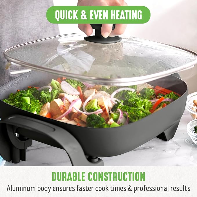 GreenLife 12" 5QT Electric Skillet, Black | PFAS-Free Ceramic Nonstick Coated Interior, Glass Vented Lid, Temperature Control, Dishwasher Safe, Pancakes, Eggs, Bacon