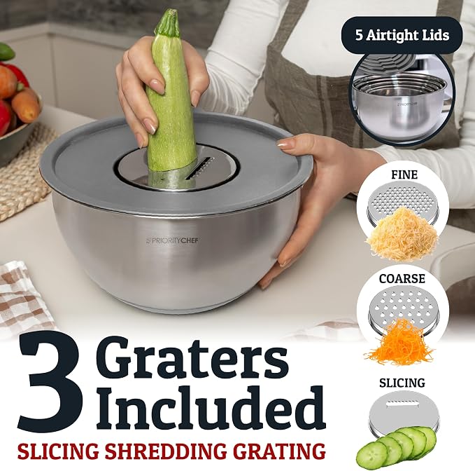Stainless Steel Mixing Bowls with Lids Set, Metal Nesting Bowls with Airtight Lids, Graters, Non-Slip Base & Measurement Marks, Includes Utensil Set for Prep, Baking & Storage, Grey